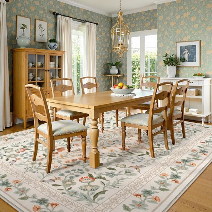 Lahome Floral Washable Area Rugs 8x10, Non-Slip Living Room Carpet Soft Tumble Washable Rugs for Bedroom Nursery, Vintage Botanical Print Carpet for Classroom Kids Room Dining Room, Beige