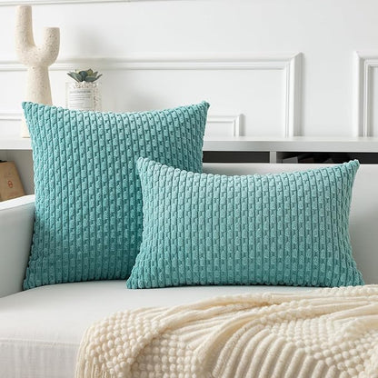 Kevin Textile 12x20 Inch Pillow Cover 1 Pack Boho Decorative Soft Striped Corduroy Lumbar Farmhouse Color Accent Rectangle Cushion Case for Living Room Couch Sofa Bed, Aqua Green