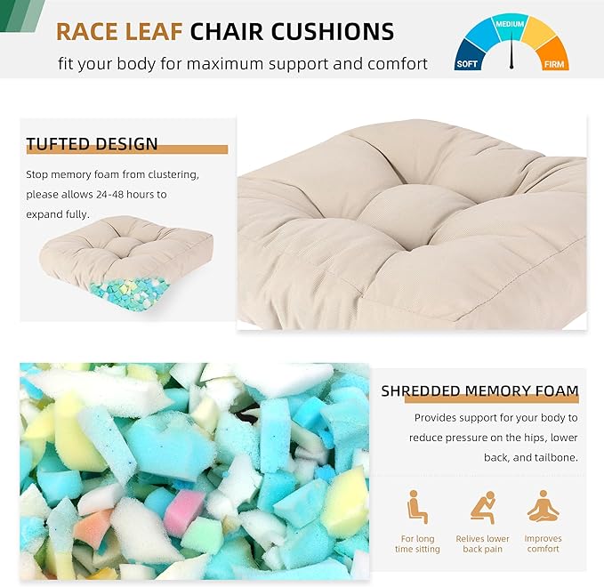 RACE LEAF 4 Pack 19x19 Inch Patio Chair Cushions, Memory Foam Seat Cushions Waterproof with Tufted Design & Non-Slip Backing (Khaki)