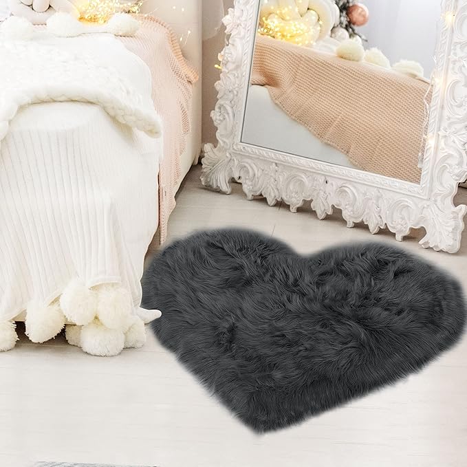uxcell Heart Shaped Rugs for Bedroom,Small Aesthetic Carpet Girls,Cute Shaggy Floor Mirror Mat,Pastel Furry Throw Rug 2.3ftx3ft, Dark Gray