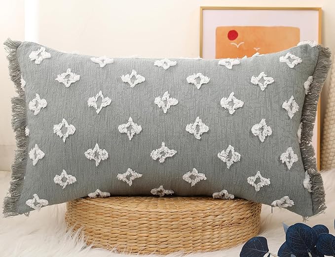 Boho Long Lumbar Pillow Cover 16x24 with Tassel,3D Flower Patterned Cotton Decorative Long Lumbar Pillow Cover Pillow Case for Sofa Couch Bed Livingroom Farmhouse,Blue Grey