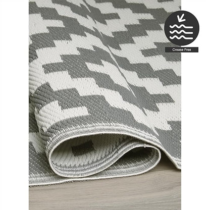 FH Home Outdoor Rug - Waterproof, Fade Resistant, Reversible - Premium Recycled Plastic - Geometric - Large Patio, Deck, Sunroom, Camping, RV - Aztec - Gray & White Crease Free - 6 x 9 ft