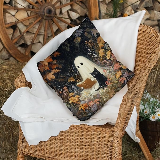 Vintage Floral Throw Pillow Covers, Vintage Flower Pattern Double Sided Cushion Cover, Indoor and Outdoor Home Art Decor Pillowcase for Sofa or Bedroom Decor 18x18inches (Ghost&Cat, 18x18inches)