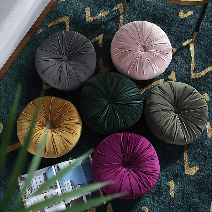 Round Throw Pillow Velvet Pumpkin Pleated Meditation Pillow Solid Color Home Decorative Throw Pillow Floor Cushion for Sofa Chair Living Room Decoration (Dark Green)