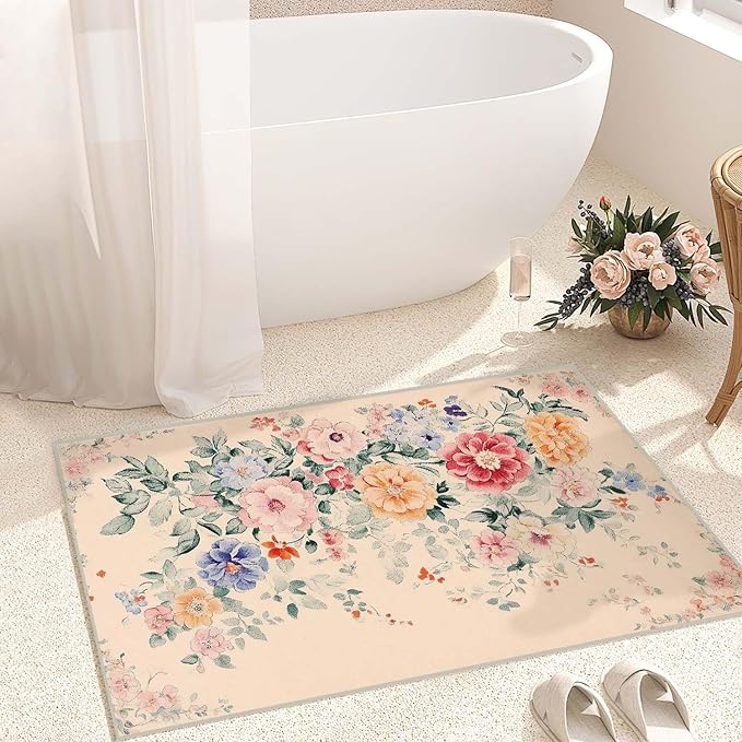 2x3 Floral Entryway Area Rug Beige Bathroom Rug Non Slip Machine Washable Low Pile Small Carpet Kitchen Bedroom Door Mat Entrance