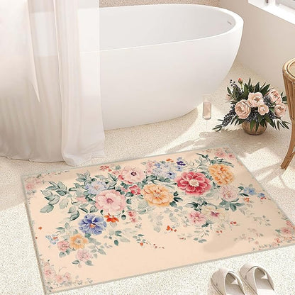 2x3 Floral Entryway Area Rug Beige Bathroom Rug Non Slip Machine Washable Low Pile Small Carpet Kitchen Bedroom Door Mat Entrance