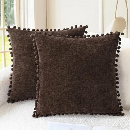 CaliTime Throw Pillow Covers Decorative 18 X 18 Inches Pack of 2 Cozy Solid Dyed Soft Chenille Cushion Cases with Pom Poms for Couch Sofa Bed Living Room Home Coffee