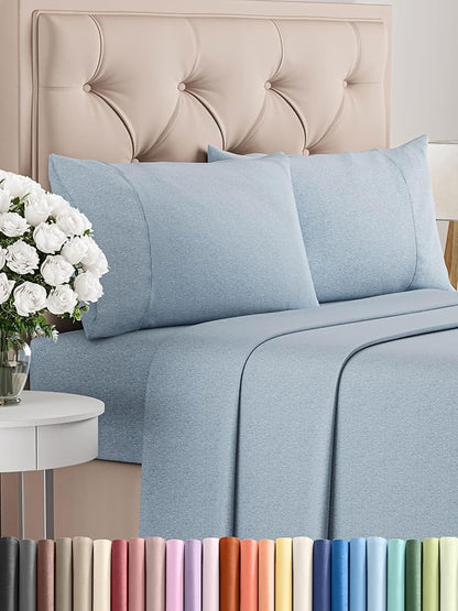 Queen Size 4 Piece Sheet Set - Comfy Breathable & Cooling Bed Sheets Set - Hotel Luxury Bedding for Women, Men, Kids, Teens, Boys & Girls - Deep Pockets, Soft & Wrinkle Free - Blue (Heathered Sheets)