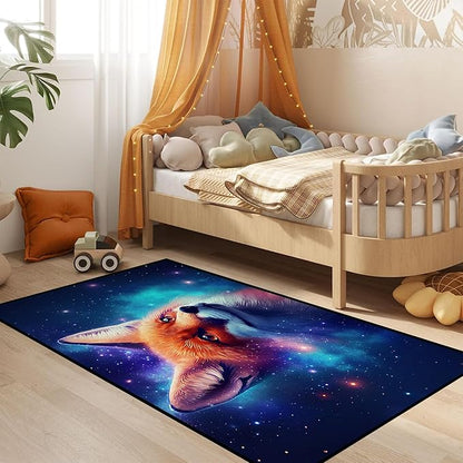 Galaxy Fox Rug 3D Cute Foxes Area Rugs for Bedroom Living Room Playroom Boys Kids Cartoon Colorful Carpet Glitter Stars Throw Rugs Floor Mat 79 in x 39 in