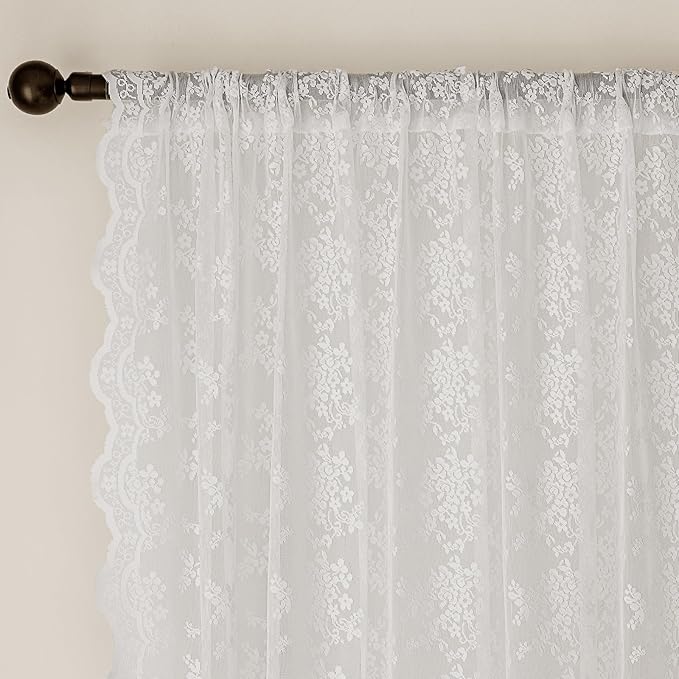 Anmao Vintage White Lace Curtains 45 Inches Long 2 Panels Set, Romantic Elegant Light Filtering Semi Sheer Floral Thick Lacy Curtain Drapes for Living Room and Bedroom, Each Panel 55W x 45L, Off White