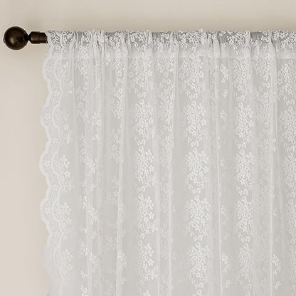 Anmao Vintage White Lace Curtains 45 Inches Long 2 Panels Set, Romantic Elegant Light Filtering Semi Sheer Floral Thick Lacy Curtain Drapes for Living Room and Bedroom, Each Panel 55W x 45L, Off White