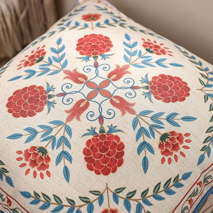patdrea Designer Throw Pillow Covers,Square Brilliant Vintage Red Tropical Linen with Floral Pattern Pillow Cover,Decorative Pillowcases Cushion for Bed Living Room Outdoor Car,18"x18"