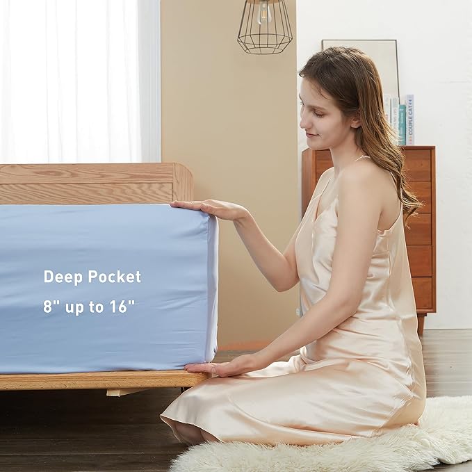 Sunflower Queen Fitted Sheet, 1-Piece Deep Pocket Fitted Bottom Sheet 16", 100% Cotton Sateen Soft Breathable, Powder Blue