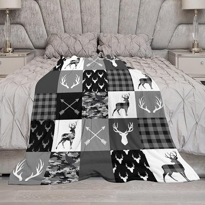 Rustic Cabin Throw Blanket, Farmhouse Grey Camouflage Deer Vintage Country Hunting Wildlife Blanket Throw for Bed Camping Travel Living Room Bedroom, 60"x80"