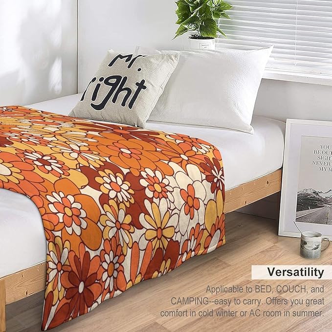 Vintage 70s Throw Blanket, Boho Hippie Bright Orange Flowers Groovy Abstract Funny Art Print Blanket for Couch Sofa Bed 40"x50"