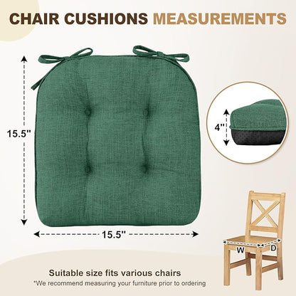 downluxe Indoor Chair Cushions for Dining Chairs, Tufted Overstuffed Textured Foam Kitchen Chair Pads with Ties and Non-Slip Backing, 15.5" x 15.5" x 4", Dark Green, 6 Pack