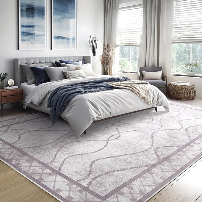 4x6 Area Rugs for Living Room Bedroom, Machine Washable Low Pile Rugs, Non Slip Modern Bordered Print Indoor Carpet for Entryway Office Dining Room Dorm Home Decor, Purple