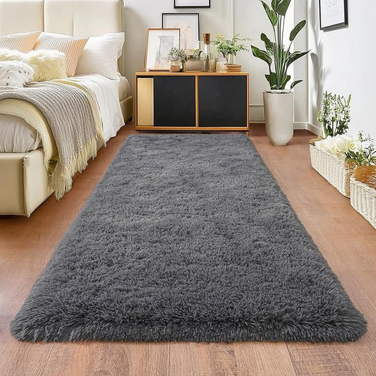 Deep Grey Runner Rug for Hallway, Bedroom Bedside Plush Rugs, Non Slip Fluffy Shaggy Carpet for Kids Home Decor, Dorm Nursery 2x6 Ft