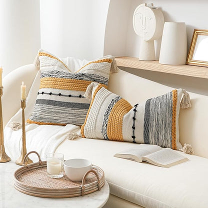 BlissBlush Fall Boho Decorative Throw Pillow Cover 22x22 Square Yellow Mustard Accent Pillowcase Tassels Farmhouse Cushion for Couch Sofa Bedroom Living Room Home Décor Cover ONLY (Pack of 1)