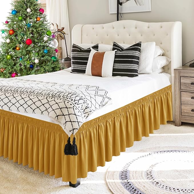 Biscaynebay Wrap Around Bed Skirts for Full & Full XL Beds 17" Long Drop, Gold Adjustable Elastic Dust Ruffles Easy Fit Wrinkle Resistant Silky Luxurious Fabric Machine Washable