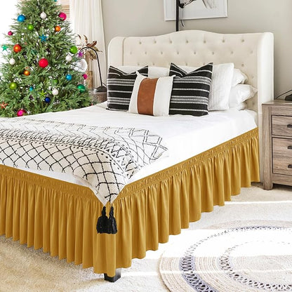Biscaynebay Wrap Around Bed Skirts for King & Cal King Beds 17" Long Drop, Gold Adjustable Elastic Dust Ruffles Easy Fit Wrinkle Resistant Silky Luxurious Fabric Machine Washable
