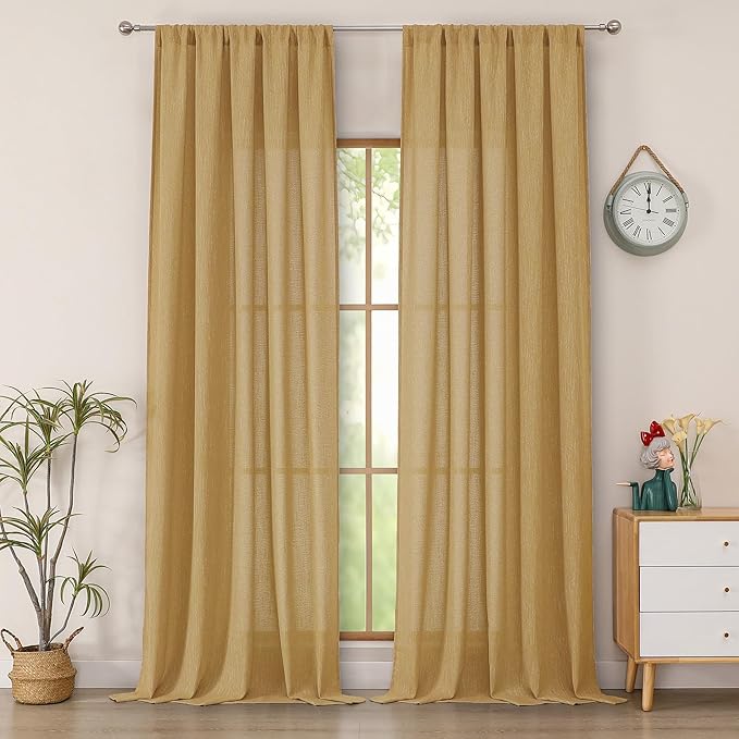 Simplebrand Gold Faux Linen Textured Semi Sheer Curtains 108 Inches Long 2 Panels for Living Room, Privacy Extra Long Light Filtering Farmhouse Thick Window Drapes for Large Window, 50 x 108 Inch