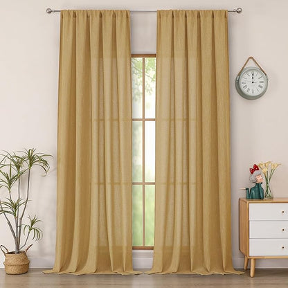 Simplebrand Gold Faux Linen Textured Semi Sheer Curtains 108 Inches Long 2 Panels for Living Room, Privacy Extra Long Light Filtering Farmhouse Thick Window Drapes for Large Window, 50 x 108 Inch