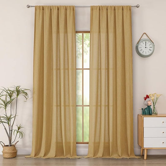 Simplebrand Gold Faux Linen Textured Semi Sheer Curtains 108 Inches Long 2 Panels for Living Room, Privacy Extra Long Light Filtering Farmhouse Thick Window Drapes for Large Window, 50 x 108 Inch