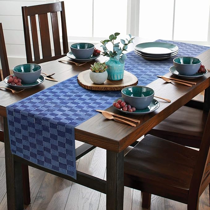 AAYU Denim Table Runners Fringed Tape Weaved,Hand Frayed Tape Weaved, 17-18 Inch X 72 Inch,