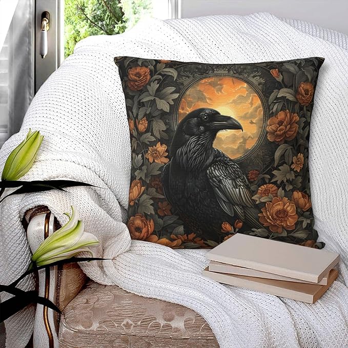 Mystical Raven Art Print Decor, William Morris Abstract Vintage Floral Design 16x16 inches Throw Pillow Covers Square Pillowcases Decor for Bed Couch Sofa Room Cushion Covers
