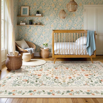 Lahome Floral Washable Area Rugs 8x10, Non-Slip Living Room Carpet Soft Tumble Washable Rugs for Bedroom Nursery, Vintage Botanical Print Carpet for Classroom Kids Room Dining Room, Beige