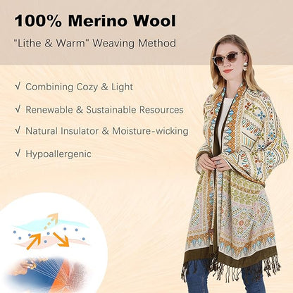 DANA XU 100% Merino Wool Pashmina Shawl for Women 96"x43", Oversized Cashmere Wrap with Tassels, Floral Travel Blanket Cape