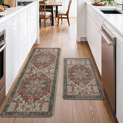 GENIMO Kitchen Mats for Floor 2PCs, Washable Anti Fatigue Mat for Cushioned, 17.3"x47"+17.3"x30", Waterproof Kitchen Rugs, Non Slip Comfort Standing Mat Rug for Home, Sink, Laundry, Bordeaux