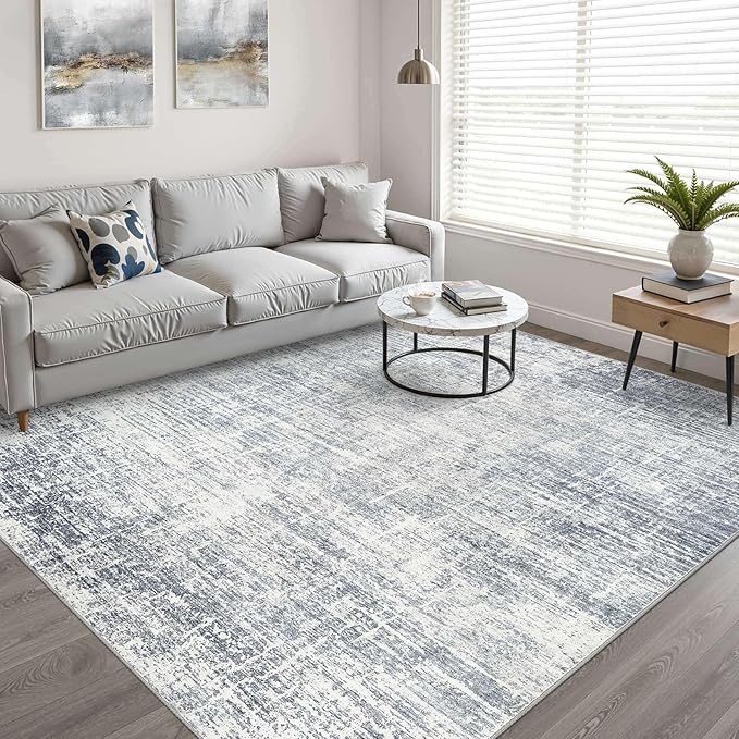 9x12 Area Rug Living Room: Washable Large Neutral Blue Rugs Abstract Soft Modern Stain Resistant Indoor Floor Non-Slip Carpet for Bedroom Nursery Kids Office Playroom Dining Room Under Table Home