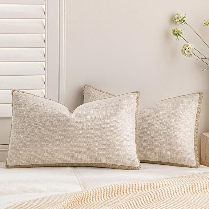 a moment Loop Yarn Linen-Like Pillow Cover Natural Soft Decorative Throw Pillow Case Farmhouse 12x20 Inch, Bohemian Textured Cushion Cover for Sofa Bed, Wrinkle-Resistant Home Decor Beige