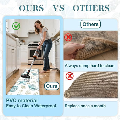 Kitchen Mats for Floor Cushioned Anti Fatigue Sets of 2 Beach Theme Kitchen Rugs Non Slip Waterproof Coastal Foam Kitchen Floor Rug Nautical Seashell Comfort Standing Mat for Sink Laundry, Teal