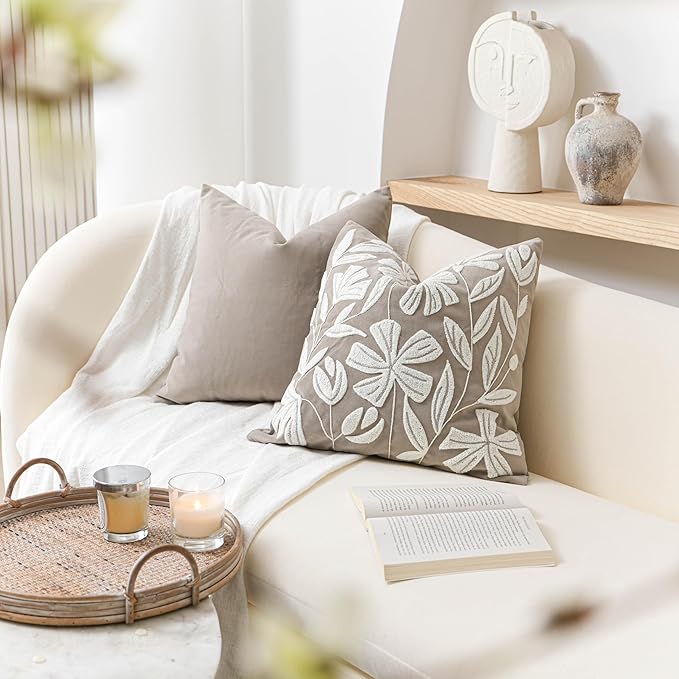 BlissBlush Taupe Velvet Decorative Throw Pillow Cover 20X20, Neutral Brown Flower Tufted Soft Farmhouse Textured Pillowcase, Accent Pillowcase for Couch Sofa Bed Living Room