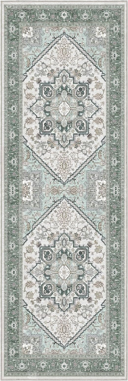 OPPODREAM Thin Entryway Rug 2x6, 2x6 Rug Runner, Washable Hallways Carpet 2 x 6 with Non Slip Backing, Low-Pile Bedside Carpet 2 x 6, Long, Faux Cashmere, Green