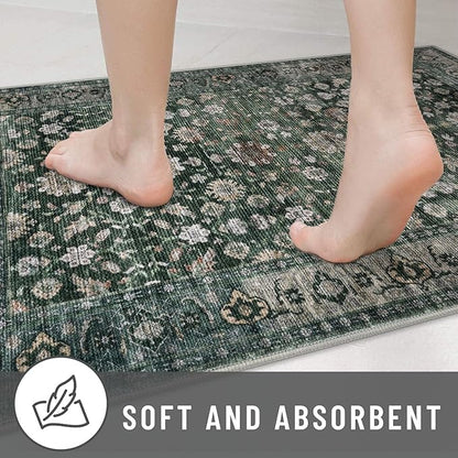 KUTA 3x5 Rugs for Entryway, Vintage Floral Dark Green Area Rug Washable Non-Slip Ultra Thin Soft Printed Distressed Entry Low-Pile Throw Carpet for Bedroom Nursery Living Room