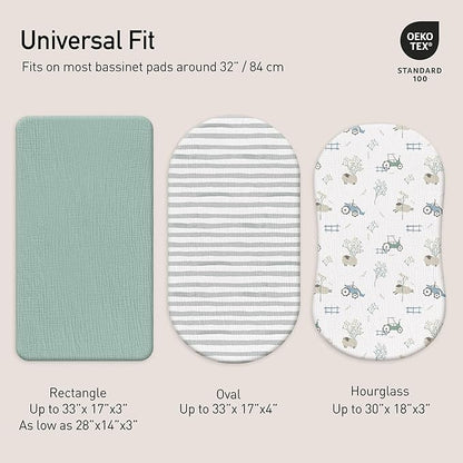 Gllquen Baby Muslin Bassinet Sheets 3 Pack, Breathable Elastic Cozy Fitted Cotton Bassinet Mattress Sheet for Baby Boy Girls, Fit for Hourglass Oval Rectangular Cradle Pad Sheets 33"x17" (Car)