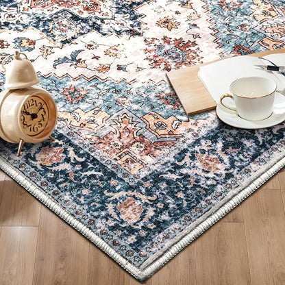 SERISSA Boho Washable Runner Rug, 2x6 Rug Non-Slip Vintage Blue Orange Hallway Kitchen Runner Rug Ultra Soft Print Distressed Tribal Floor Carpet for Bedroom Bathroom Laundry Room