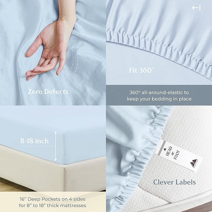 Mayfair Linen 100% Cotton Bed Sheets Twin Sheet Set - 500 Thread Count Sheets Twin Size 3 PC Set (Light Blue), Soft, Cooling, Hotel-Quality 16" Deep Pocket Sateen Weave Cotton Bedsheet for Dorm Room