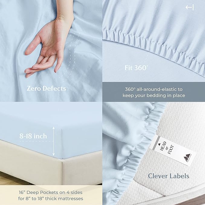 Mayfair Linen 100% Cotton Bed Sheets Full Sheet Set - 500 Thread Count Sheets Full Size 4 PC Set (Light Blue), Soft, Cooling, Hotel-Quality 16" Deep Pocket Sateen Cotton Bedsheet for Hot Sleepers