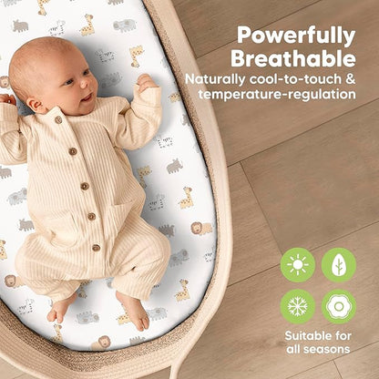 2-Pack Baby Bassinet Sheets Girl, Boy - 33x17 Viscose Derived from Bamboo Bedside Mattress Fitted Bassinet Sheets, Compatible with Halo Bassinest Swivel Sleeper, Baby Delight, Graco (KeaSafari)