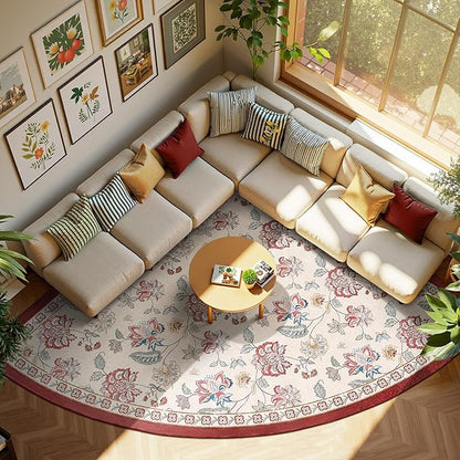 jinchan Elora Floral Corner Rug for Living Room Washable Rug Vintage Romance Christmas Design Non Slip Quarter Circle Lightweight Low-Pile Throw Carpet for Reading Playroom, 8ft Radius, Red/Beige
