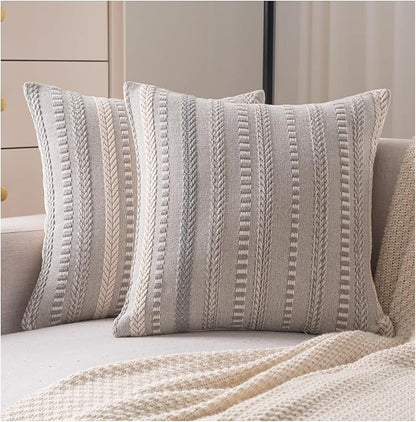 Boho Throw Pillow Covers 18x18 Inch Set of 2, Farmhouse Decorative Couch Pillow Cases, Grey Accent Pillows of Bed, Sofa Bedroom Living Room Home Decor Cushion Cover