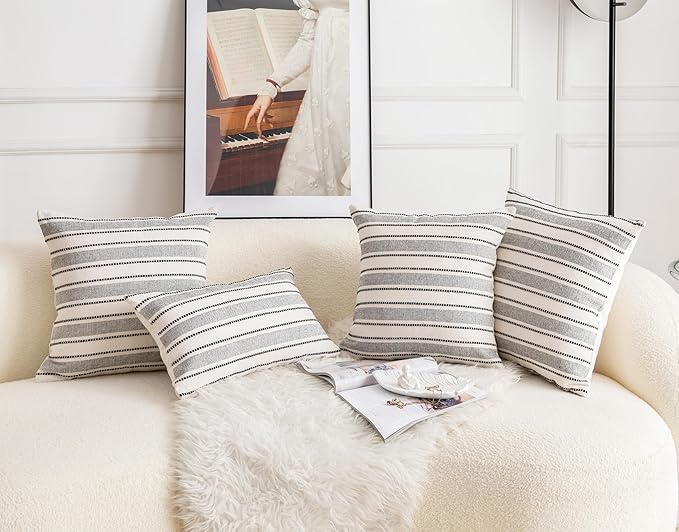 Decorative Boho Throw Pillow Covers, Farmhouse Textured Pillow Case, 22 x 22 Inch Set of 2, Chair Sofa Bedroom Living Room Home Decor Couch Cushion Case, Black and Beige Striped