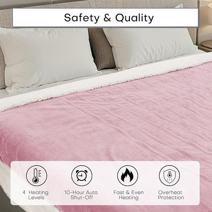 Electric Heated Blanket Throw Size 50"x60" - Dual-Sided with Microplush & Sherpa Fabric, 4 Heat Settings & 3 Hours Auto Off, Machine Washable - Pale Pink