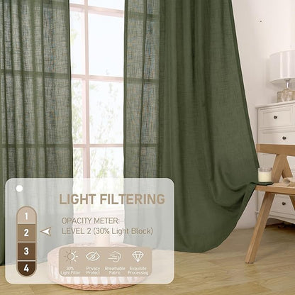 LAMIT Olive Green Linen Curtains 63 Inch for Bedroom, Light Filtering Neutral Semi Sheer Window Curtains Back Tab and Rod Pocket Christmas Panels, 2 Panels, 52 x 63 Inch