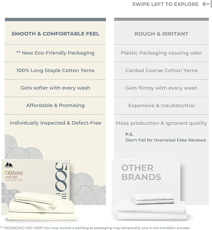 Mayfair Linen 100% Cotton Twin XL Sheet Set - 500 Thread Count Sheets Twin XL Size 3 PC Set (Ivory), Soft, Cooling, Hotel-Quality 16" Deep Pocket Sateen Weave Cotton Bedsheet for Dorm Room